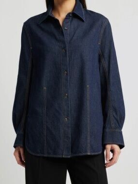 COS Sz 8 Dark Denim Chambray Cotton Minimalist Button Front Western Shirt